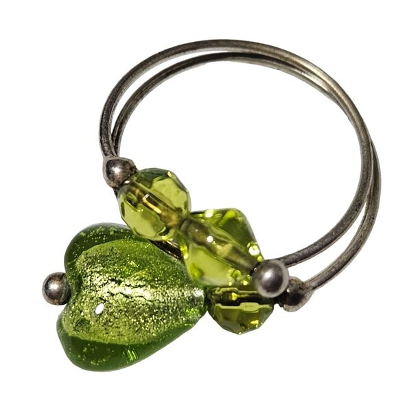 Retro Green Beaded Heart Wrap Ring Silver Tone Womens Size 8.5 Handcrafted Women - Picture 2 of 3